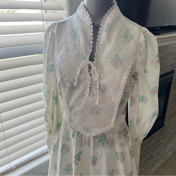 Vintage 1970’s Hippy Prairie Gunne Sax Style Long Sleeve Lace Maxi Dress - Picture 4 of 12
